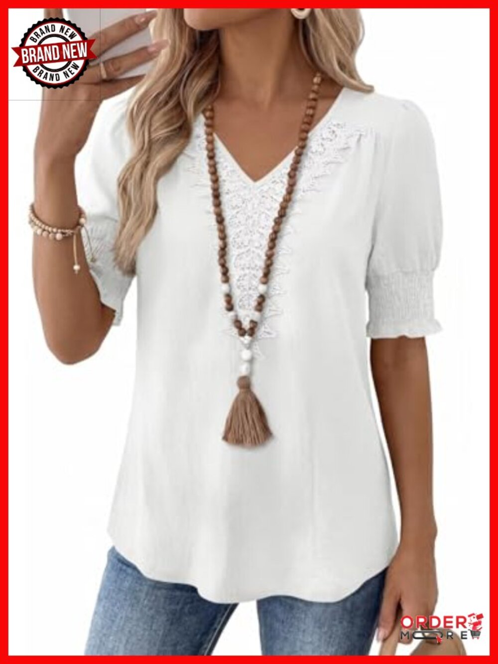 Short Sleeve V Neck Lace Tunic Blouse Boho Flowy Summer Top